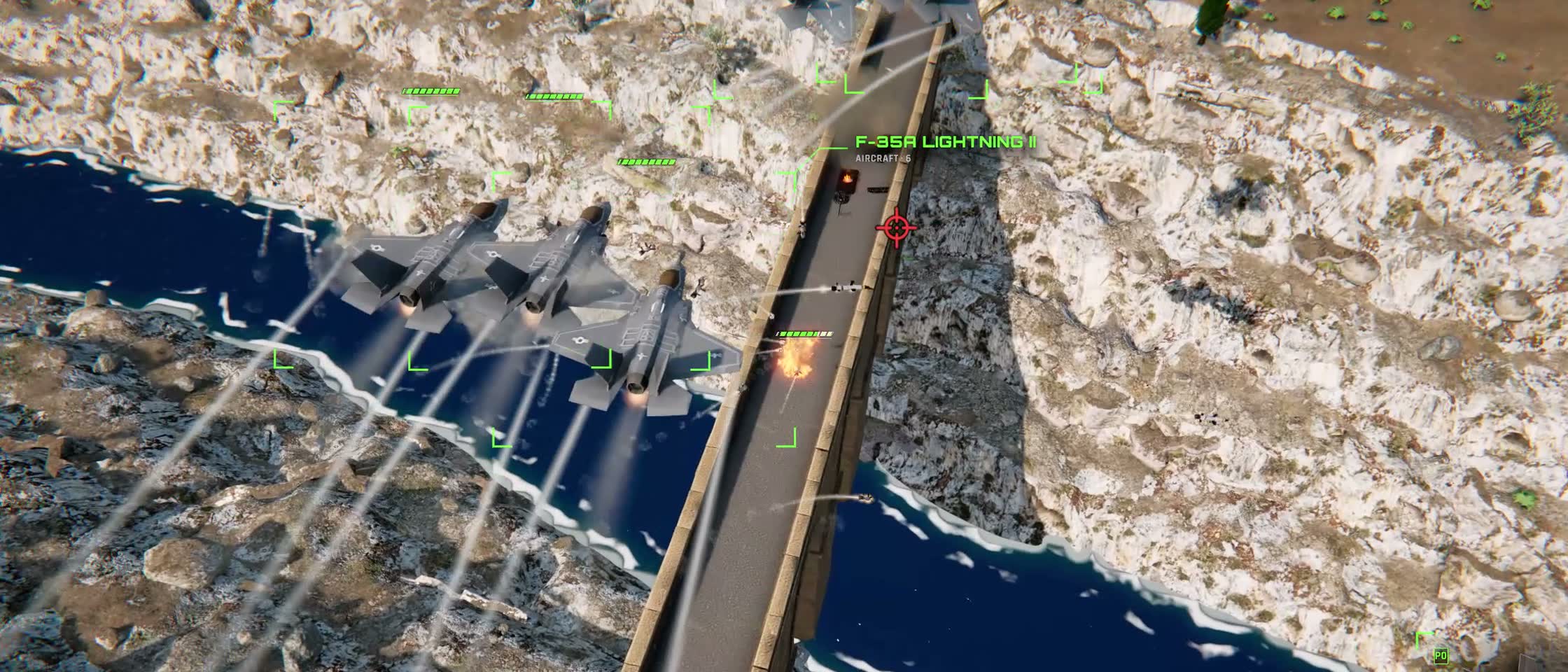 A flight of F-35A Lightning II fighters fires missiles at the viaduct over the Constantine gorge in DoctrineStrike